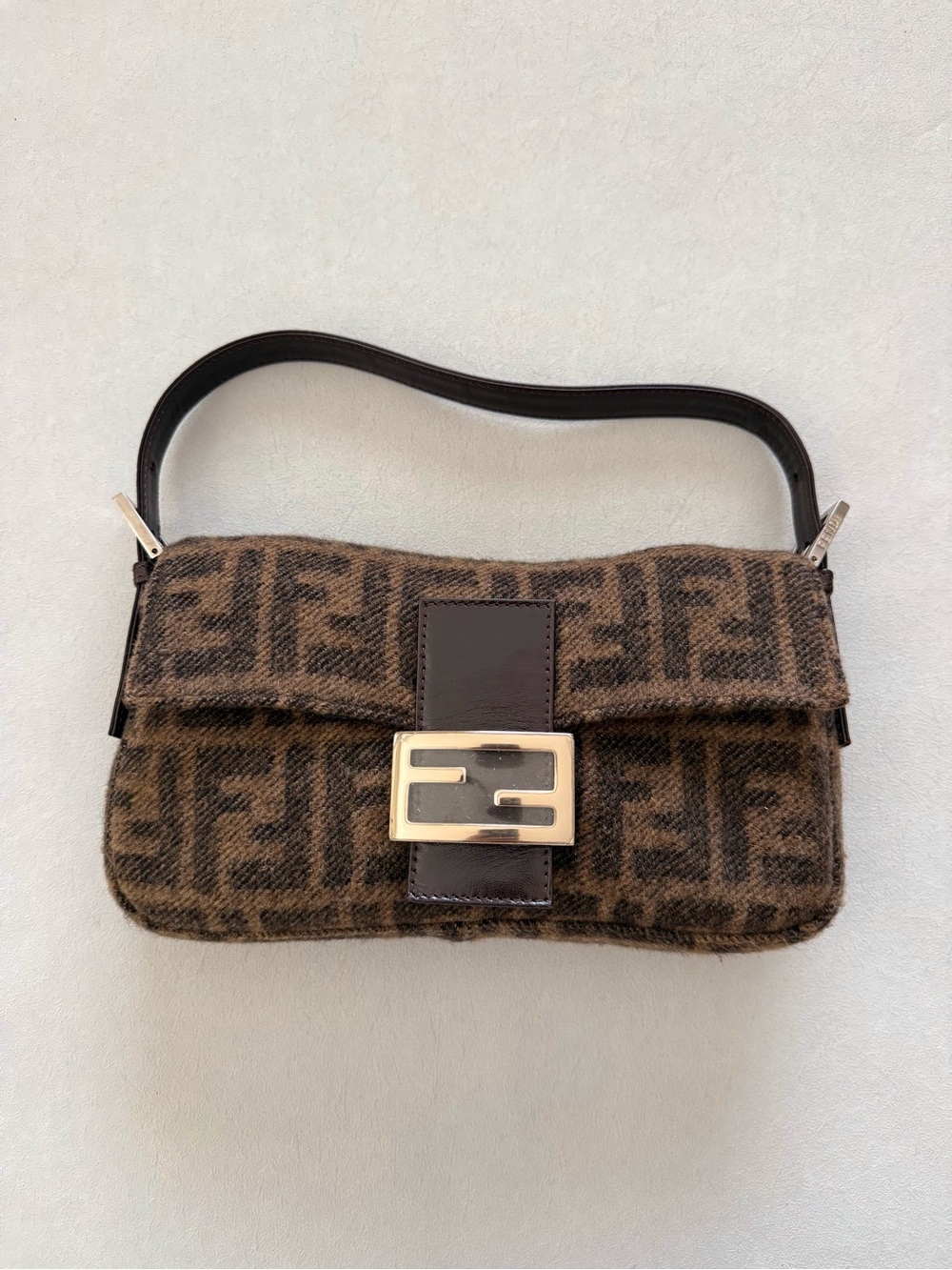 Fendi Vintage Brown Cashmere Baguette Shoulder Bag